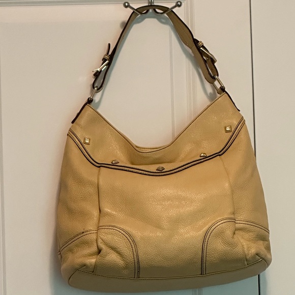 Authentic MCM Pale Yellow Pebbled Leather Studded Logo Motifs Shoulder Bag - Picture 2 of 15